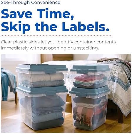 Hefty 6.5 Qt Hi-Rise Storage Bin with Lid, Stackable Plastic Storage Container, Organizer for Home, Office & Classroom, 8 Pack, Smoke Blue - Image 4