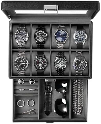 ProCase Premium Watch Box for Men, Jewelry Organizer Box with Drawer, Display Storage Case with Glass Lid -Black, 8 Slot by ProCase