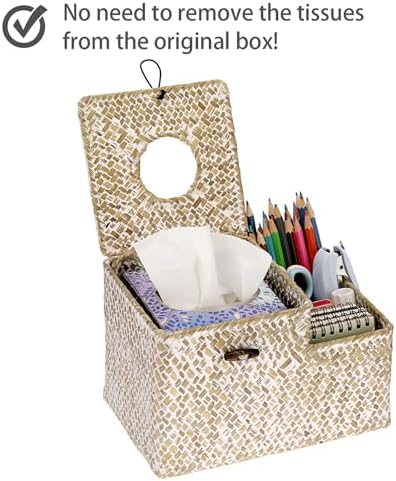 Sumnacon Tissue Box Cover Square Tissue Box Woven Seagrass Tissue Box Holder with Side Organizer, Rustic Tissue Holder for Living Room Bathroom Bedroom Kitchen Office Table Desk, White - Image 5
