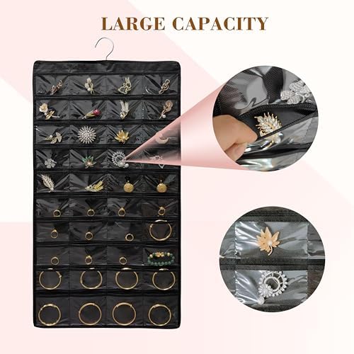 2 PACK (Each Pack 80 Pockets,Total 160 Pockets) Hanging Jewelry Organizer with Hanger Metal Hooks Storage On Wall Door Closet Double-Sided Jewelry Holder for Earrings, Necklaces, Rings (2 Pcs Black) - Image 4
