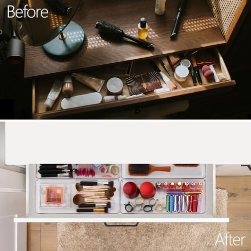 6 Pcs Large Clear Plastic Drawer Organizers Tray 15" x 6.3" Storage Bins with 25 Pcs Non-Slip Pads for Makeup, Jewelries, Kitchen Utensils, Bathroom and Office - Image 2