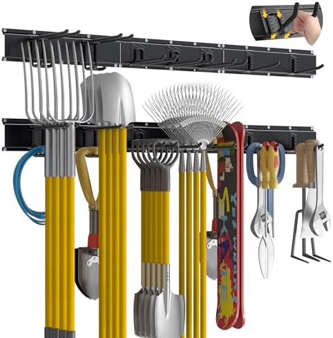 Garage Tool Organizer Wall Mount with 48 inches Rails and 7 Adjustable Heavy-Duty Hooks, Garden Tool Organizer, 10 Pack Carries 440 lbs, Heavy Duty Garage Storage Rack For Yard, Shed, Easy to install by Vathingood
