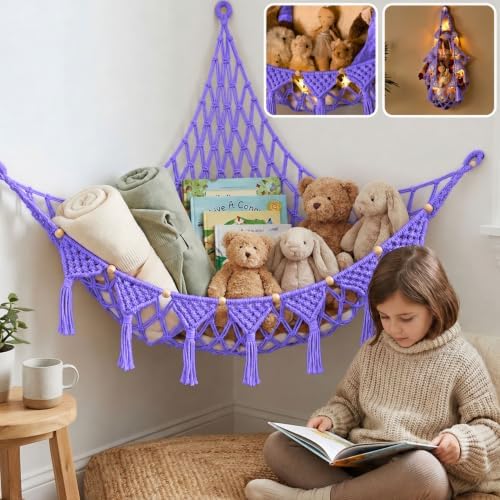 TIDYTEDS Macrame DreamLights Boho Stuffed Animal Storage Net Hammock Extra Large Plush Toy Storage Holder For Small Or Large Plushies PURPLE (Purple) by TIDYTEDS