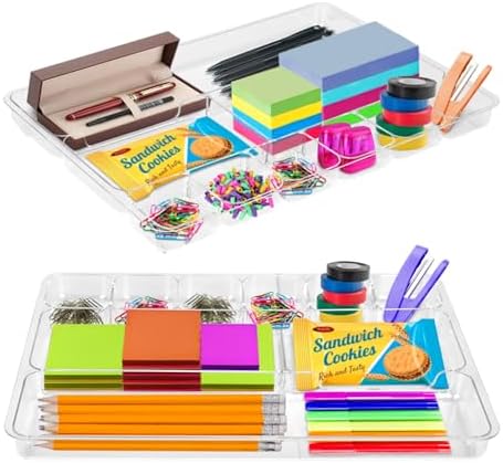 Manaloom Desk Drawer Organizer Tray with 9 Storage Compartments - For Home and Office - Drawer Organizers Office, Perfect Organizing Pens, Pencils, Paper Clips, Sticky Notes - Clear - 2 Pack - Image 3