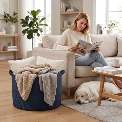 115L Extra Large Woven Cotton Rope Laundry Basket-Navy Blue - Image 4