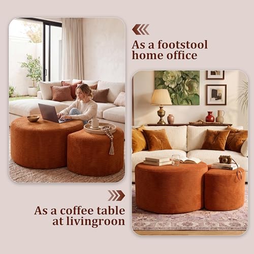 BSHOMGI Nesting Coffee Table Set of 2,Corduroy Ottoman Soft Foot Rest Movable LargePouf Footstool for Living Room Sofa Couch Bedroom Entryway and Small Spaces No Assembly (Orange, 32"+17") - Image 4