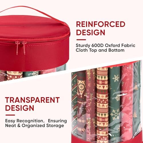 BALEINE Christmas Wrapping Paper Organizer Storage, 41" Gift Wrapping Paper Storage Containers, Clear PVC with Durable 600D Oxford Fabric Gift Wrap Paper Holder Fits 18-25 Rolls, Green - Image 2