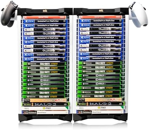 ADZ Universal Game Holder – 46 Game Storage Tower Rack for PS2 PS3 PS4 PS5 PSP Xbox 360 Xbox One Series X Wii Switch Games DVD and Blu-Ray Disks. Includes 2 Controller Mounts (White) - Image 2