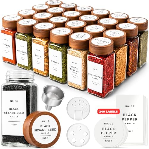 EDELHAUS Glass Spice Jars with Label, 24x Acacia Wooden Lids - White Labels by EDELHAUS