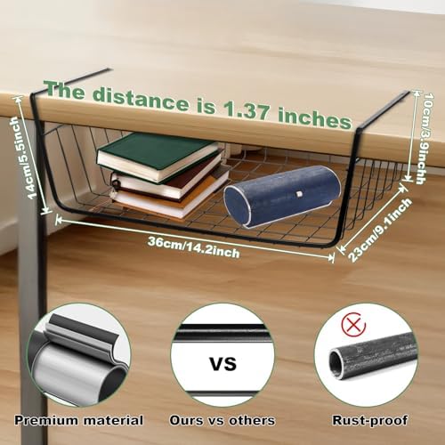 6 Pcs Undershelf Storage Basket Under Shelf Wire Basket Household Metal Under Shelf Hanging Storage Bin Basket Slides Under Shelves for Kitchen Pantry Bookshelf - 14.2" D x 9.1" W x 5.5" H, Black - Image 2