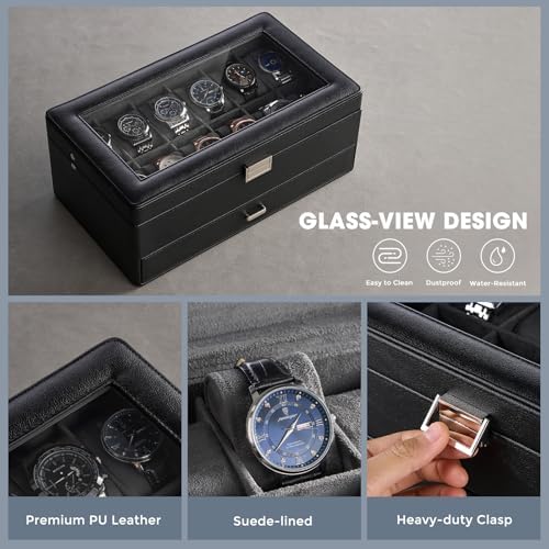 ProCase Premium Watch Box for Men, Jewelry Organizer Box with Drawer, Display Storage Case with Glass Lid -Black, 12 Slot - Image 3