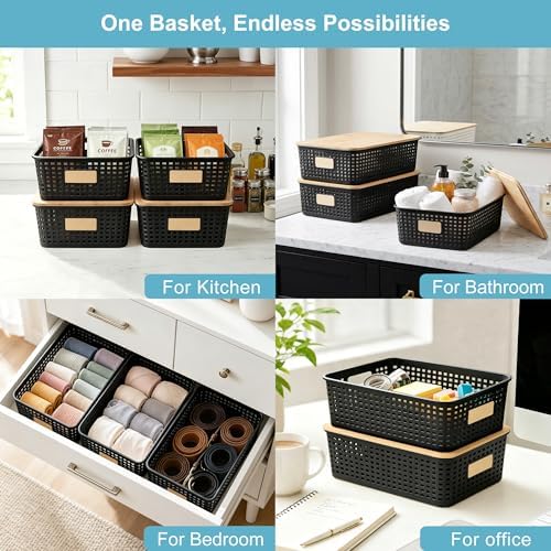 Bagnizer 4 Pack Plastic Storage Bins with Bamboo Lids, 6.2qt Stackable Storage Organizer Box with Lable for Pantry Shelves Drawers Desktop Office, 12"L x 8.3"W x 3.5"H, Black - Image 5