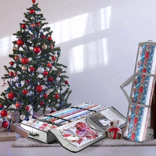 Hearth & Harbor Wrapping Paper Storage Container and Clear Wrap Paper Holder - Christmas Storage Bag with Interior Pockets - Fits Up to 36 Rolls of 40" - Tear Proof, Silver - Image 2