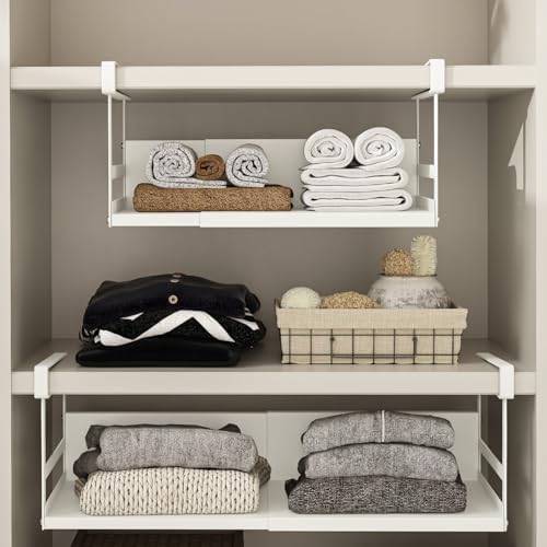 Expandable Under Cabinet Shelf Organizer with 0.94-Inch Thick Clips, Heavy Duty Extendable Under Shelf Storage Basket for Pantry or Laundry Room, White, 2 Pack, Interior: 5.7" H x 7.2" D - Image 2