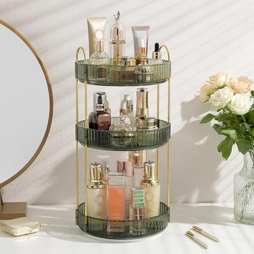 Aveniee Rotating Makeup Organizer for Vanity, Perfume Skin Care Organizers Large, Bathroom Counter Make Up Cosmetic Storage, Clear Spinning Skincare Lipstick Holder,3 Tiers, Green by Aveniee