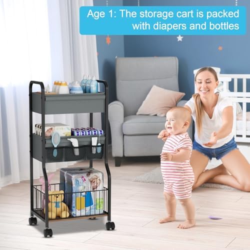 3-tier Baby Diaper Caddy Organizer and Storage Cart with 4+3 Dividers, Metal Utility Cart with Lockable Wheels for Nursery, Bedroom, Bathroom, Black - Image 3