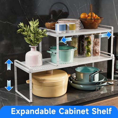 Expandable Cabinet Shelf Organizers, Kitchen Small Stand Rack Organization for Countertop Cupborad Pantry Desktop Spice Rack, White 1 Pack - Image 3