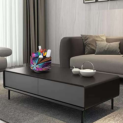 Remote Control Holder Round Leather Art Supply Organizer, PU Leather Pencil Stationery Desk Storage Makeup Organizer for Heater Controllers TV Remotes, 4 Compartments, 360 Degree Spinning - Image 7