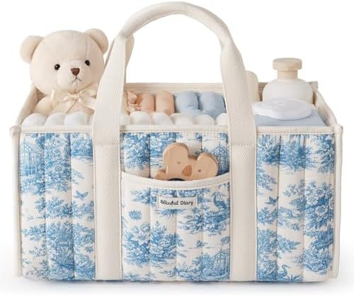 Blissful Diary Toile Diaper Caddy Organizer, Baby Diaper Basket, Blue Toile by BlissfulDiary