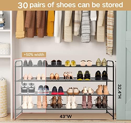 KEETDY 4-Tier Long Shoe Rack for Closet Metal Shoe Organizer for Entryway, Wide Stackable Shoe Storage Shelf with Sturdy Wire Grid for Closet Floor, Bedroom, Black - Image 3