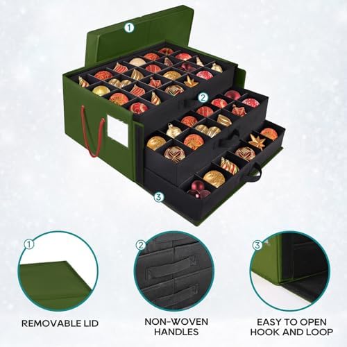 BlessedSeason Christmas Ornament Storage Box，Stackable 3 Drawer Organizers，Max 72 3" Christmas bauble, Adjustable Christmas Ball Storage Container Bins， Green - Image 3