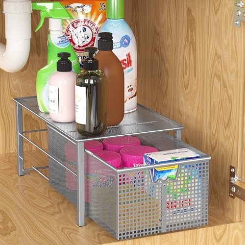Deco Brothers Stackable Pull Out Cabinet Sliding Basket with Divider, Large - Image 2