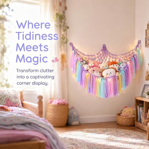 THIDARGO Stuffed Animal Hammock Storage Net with LED Lights, Colorful Tassels, 59in, for Kids Bedroom Nursery Playroom, Includes 3 Hooks (not including battery) (Purple) - Image 4