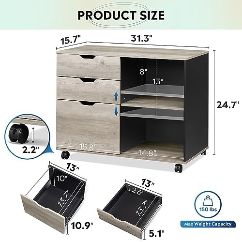DEVAISE 3-Drawer Wood File Cabinet, Mobile Lateral Filing Cabinet, Printer Stand with Open Storage Shelves for Home Office, Greige - Image 2