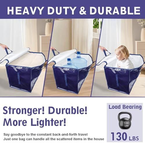 4 Pack Extra Large Moving Bags Heavy Duty 180GSM,130LBS 100L Totes with Visible Window, Zippers & Wrap-Around Handles, Waterproof Reusable, Alt to Moving Boxes, Navy blue - Image 3