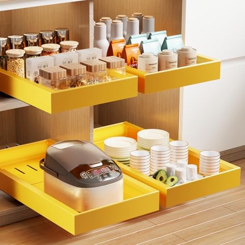 Mustorn 2 Pack Pull Out Cabinet Organizer,21.8" Deep Slide Out Drawer for Cabinets Adhesive Pull Out Drawers Heavy Duty Pull Out Shelves for Kitchen,Cupboard,Pantry,Bathroom-Yellow by MUSTORN