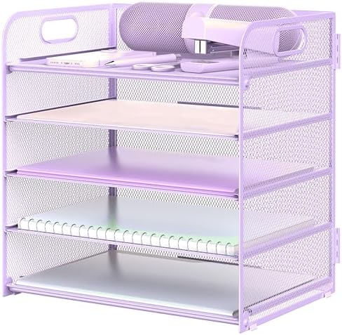 Letter Tray Paper Organizer 5-Tier Desk Organizer File Organizer Paper Holder with Handle, Metal Desktop Document Shelf Tray Office Classroom Organization - Purple by Sinboun