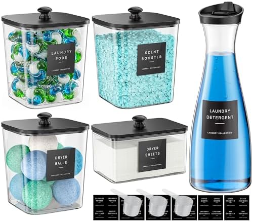 3+1+1 Pack Laundry Pods Containers & Dryer Sheet Holder & Laundry Detergent Dispenser, Laundry Room Organization and Storage with Wooden Lids, Labels and Scoops for Scent Booster, Powder, Laundry Pods by galasily
