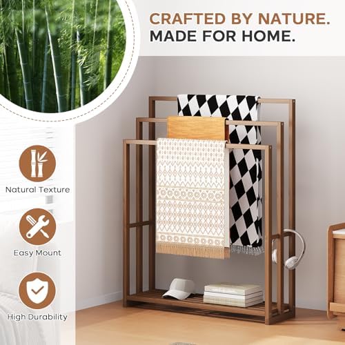 Standing Towel Rack for Bathroom, 39.4''H Bamboo Blanket Racks with Shelf - Image 6