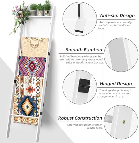 BAMBANG 6-Tier Blanket Ladder for Living Room, Blanket Quilt Ladder Rack Rustic Decorative Towel Holder, Wall Leaning Blanket Ladder Shelf Storage Farmhouse Decor for Bedroom Bathroom, White - Image 5