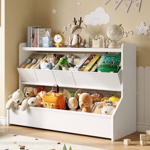 FOUCSSOMEI Extra Large Toy Storage Organizer for Kids, Wooden Toy Organizer and Storage with Bookshelf, 3 Removable Bins and Large Storage Bin, Toy Shelf for Playroom, White, Patent Design by FOUCSSOMEI
