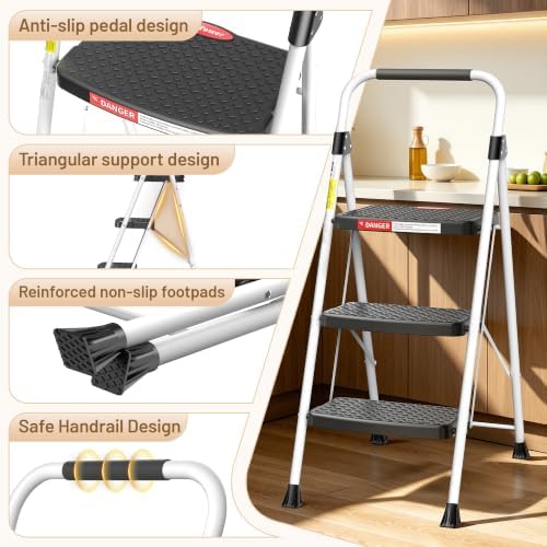 HBTower 3 Step Ladder, 330lbs Sturdy Step Stool with Anti-Slip Pedal - Image 6