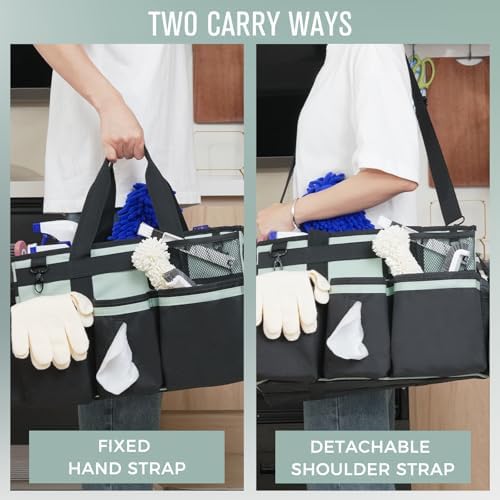 SCAVATA Wearable Cleaning Caddy, Cleaning Caddy Supplies Organizer with Handle & Shoulder Straps for Housekeepers, Under Sink & Car Cleaning Tool Organizers Bag with 4 Foldable Divider (Celadon) - Image 6