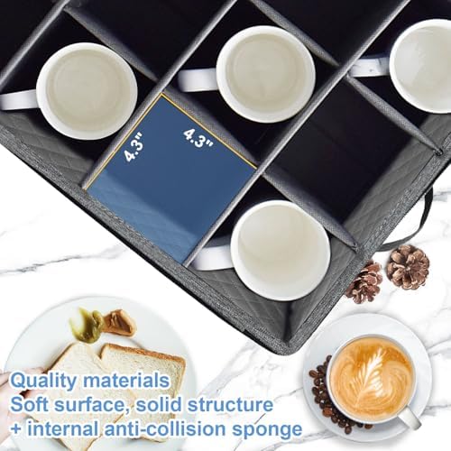 homyfort Mug Coffee Storage Box with Dividers - Stackable Glass China Storage Containers Hard Shell with Lid, Label and Handles, Holds 12 Coffee Mugs and Tea Cups (Dark Grey) - Image 4
