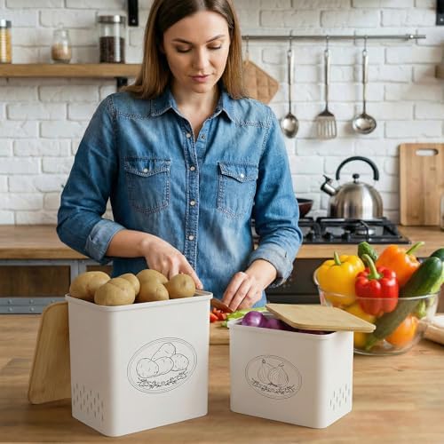 Lifewit Plastic Potato and Onion Storage Bin Box, Set of 2, White - Image 2