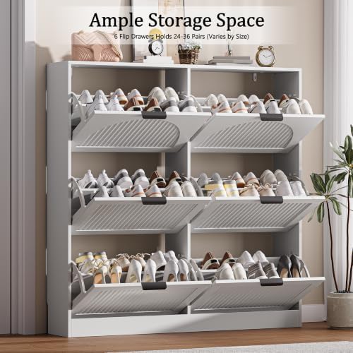Fluted Shoe Storage Cabinet for Entryway, 6 Flip Drawers, White - Image 3