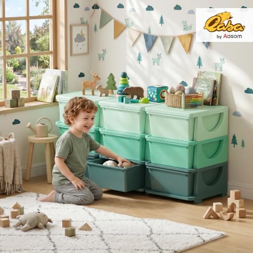 Qaba 9 Drawers Kids Storage Unit 3 Tier Stackable Toy Organizers Green - Image 2