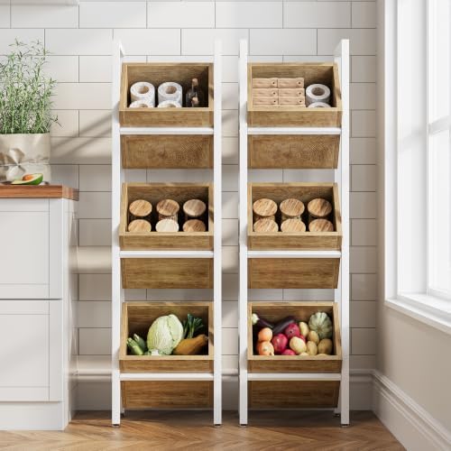 LITTLE TREE 3-Tier Basket Stand, Wooden Floor Stand Shelving Unit, Standing Organizer Storage Rack for Kitchen, Bathroom, Living Room (Light Brown, 2) - Image 2