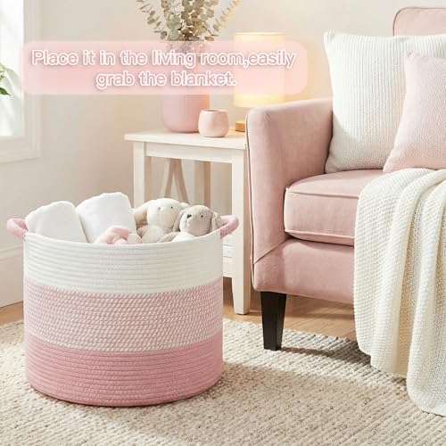 Artfeel 70L Large Cotton Rope Basket, Decorative Woven Blanket Storage for Living Room, Boho Toy Storage & Toy Box for Kids, Versatile Laundry Basket & Nursery Hamper for Blankets(Pink) - Image 4