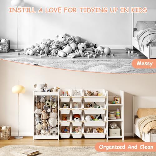 EXPERLAM 3-in-1 Kids Toy Storage Organizer, White Solid Wood, White Bins - Image 7