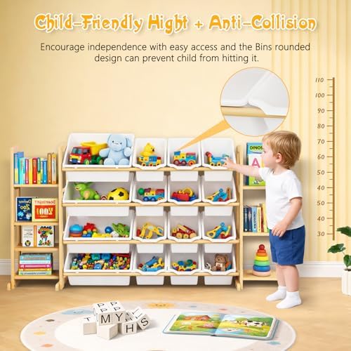 Kids Toy Storage Organizer with Bookshelf – Wooden Shelf with 16 Bins & 6 Shelves, Quick Assembly Storage Rack for Playroom, Bedroom, Nursery - White - Image 4