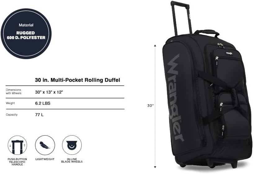 Wrangler Wesley Rolling Duffel Bag, Black, Large 30-Inch - Image 2