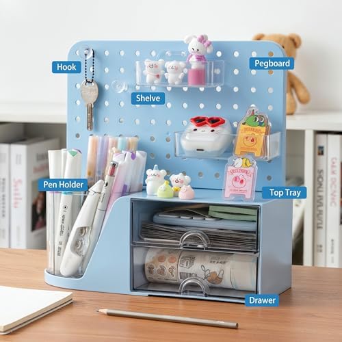 Comix Desk Organizer with 2 Drawer, Blue 360° Rotating Pen Holder for Desk - Image 3