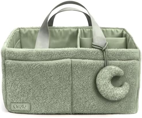 Orelle Bouclé Diaper Caddy Organizer with Matching Pouch & Moon Pendant | Teddy Portable Changing Table Organizer | Sage Green Diaper Caddy | Must-Have Baby Shower Gifts | Sage Green by Orelle