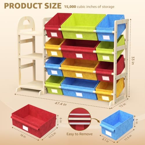 Toy Storage Organizer with 3 Shelves and 12 Bins, Bookshelf/Bookcase, Kids Bin Shelf, Toys Box for Playroom Organization for Bedroom & Room, 47.4" W (Four-color) - Image 2