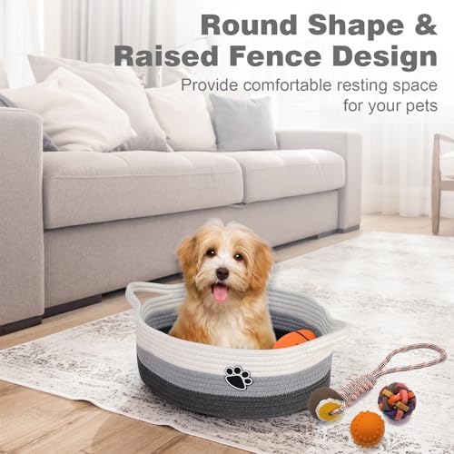 Optish Dog Toy Basket, Toy Box and Bin for Dog Cat Storage, 13.5" X 11" X 5" Small Woven Rope Basket for Baby Storage, Closet, Living Room, White & Grey - Image 5
